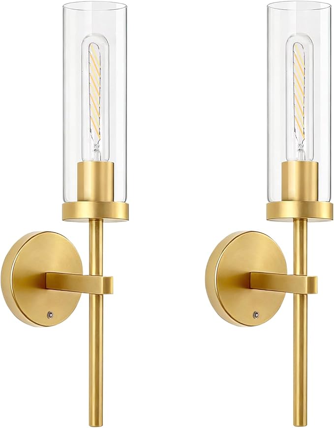 Shenmoyl Battery Operated Wall Sconces Set of 2, Gold Rechargeable Wall Lighting Fixtures, Dimmable Wall Lights with Remote & Clear Glass Shade for Living Room, Bathroom,Bedroom