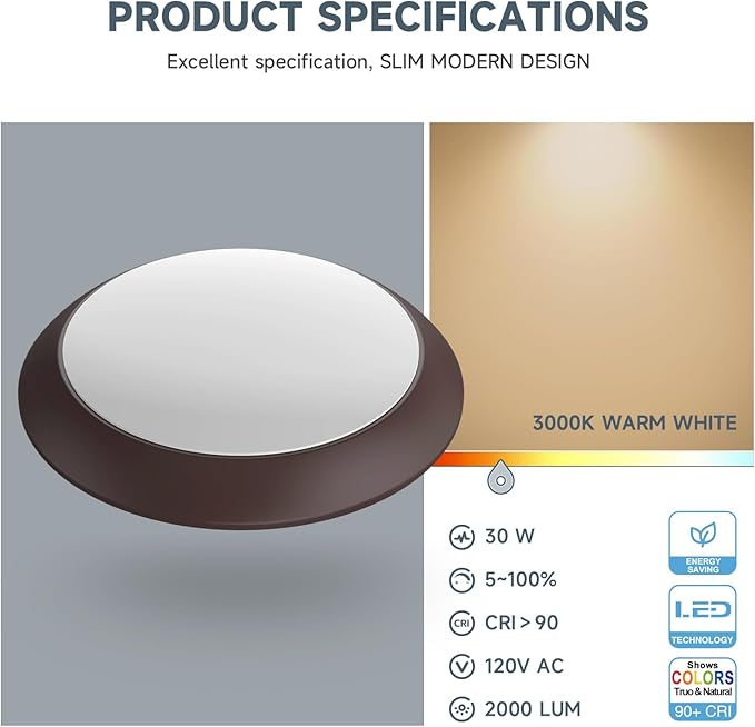 ECOELER 8 inch Oil Rubbed Bronze Flush Mount Ceiling Light Fixture, Round Aluminum Trim, 30W 3000K Warm White 2000Lm, Dimmable Ultra-Thin LED Disc Light, ETL&FCC Listed