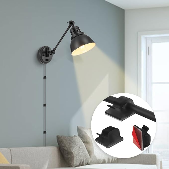 GOODATE Plug in Wall Sconces, Wall Sconce Lighting with Dimmable On Off Switch, Swing Arm Wall Lamp, Black Metal Industrial Wall Light Fixtures, Safety E26 Base, 6FT Plug in Cord