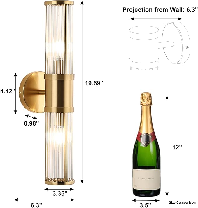 Modern Brushed Brass Vanity Light Fixture - Dual Glass Rods Wall Sconce for Bathroom, Double Light Socket E12 Candelabra Base, Mirror Vanity Lighting (Bulbs Not Included)