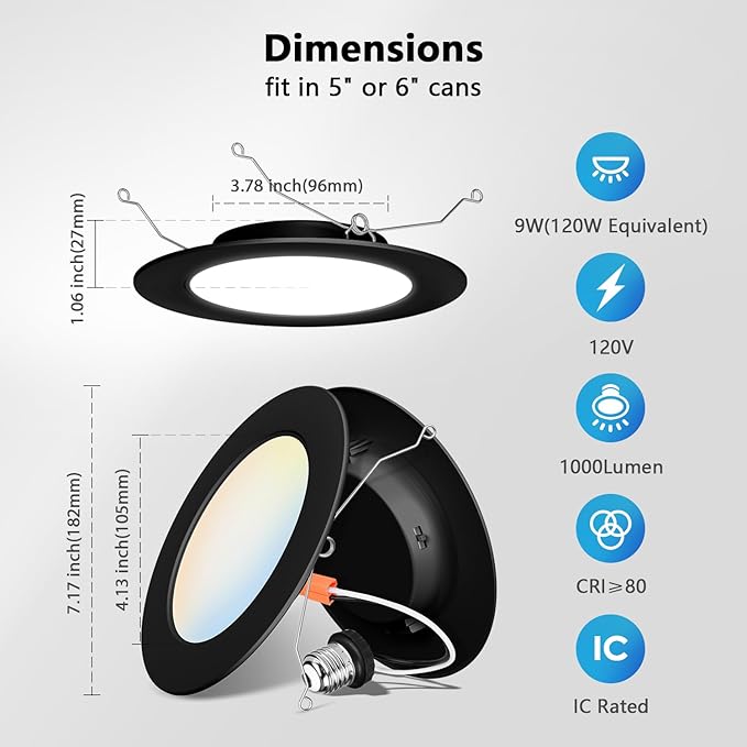 LVWIT 6 inch Black LED Recessed Lighting, Slim Can Lights, 9W=120W,1000LM, 5CCT Color Selectable, Dimmable Downlight with E26 Conversion Kit, 12Pack,IC Rated
