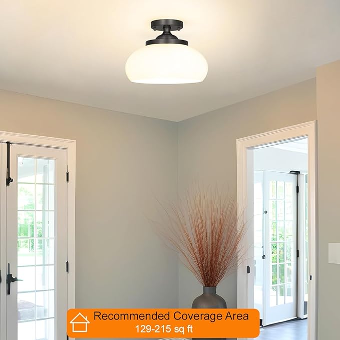 Black Semi Flush Mount Ceiling Light - Entryway Light Fixture with Triple E12 Sockets - 12" Diameter Milk White Glass Shade for Soft, Uniform Lighting - Easy Mount Installation for Any Room