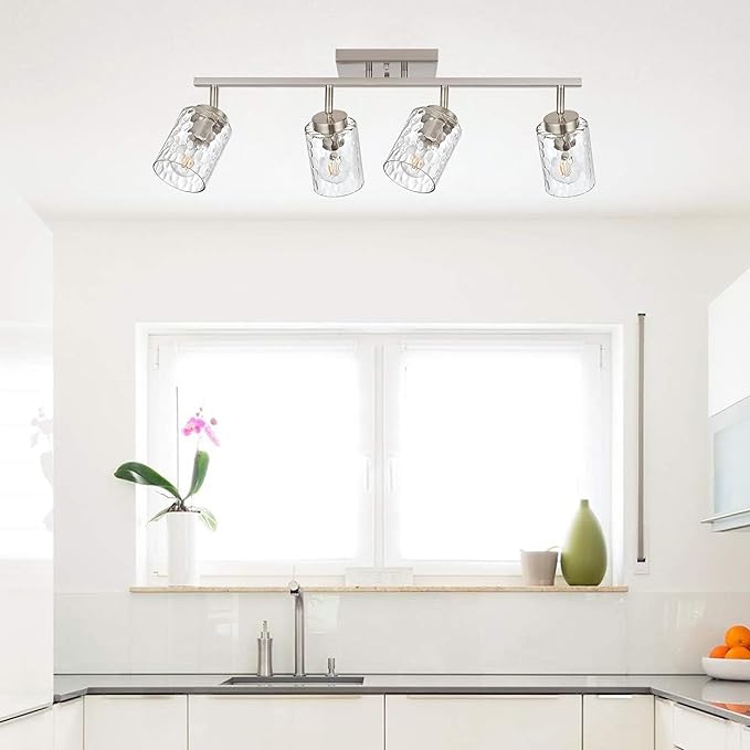 4-Light Tracking Lights Brushed Nickel Rotatable Flush Mount Ceiling Light with Clear Hammered Shade, Modern Bathroom Ceiling Vanity Lights Flexibly Light for Foyer Art Wall Kitchen Hallway