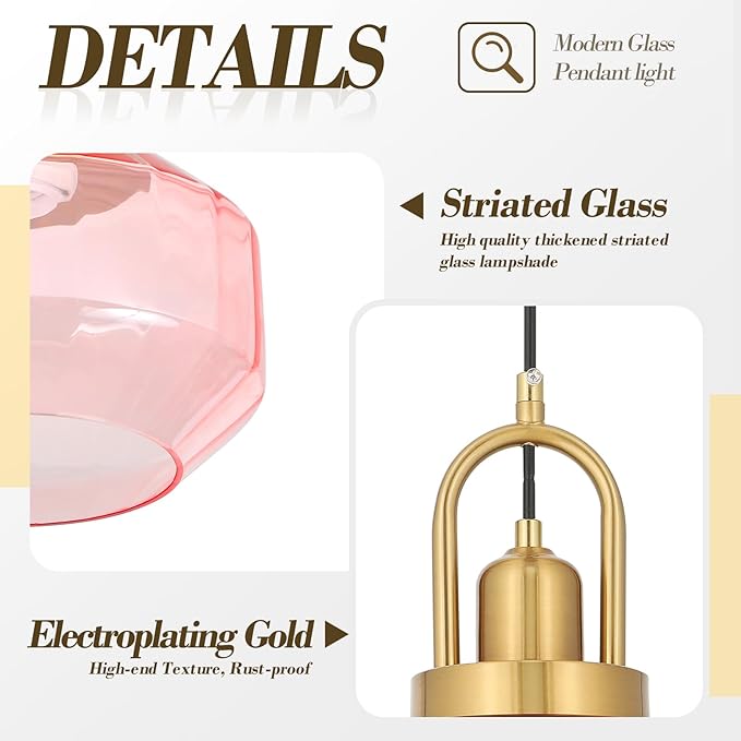 9in Mid Century Modern Pink Glass Pendant Light Fixture, Small Gold Kitchen Island Pendants Light Glass Ceiling Hanging Lamp for Foyer Dining Room Bedroom Entryway Hallway Over Sink