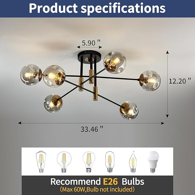 6-Light Glass Globe Sputnik Light Fixture Modern Matte Black and Gold Chandelier Semi Flush Mount Ceiling lamp for Living Room Kitchen Dining Room Farmhouse Bedroom