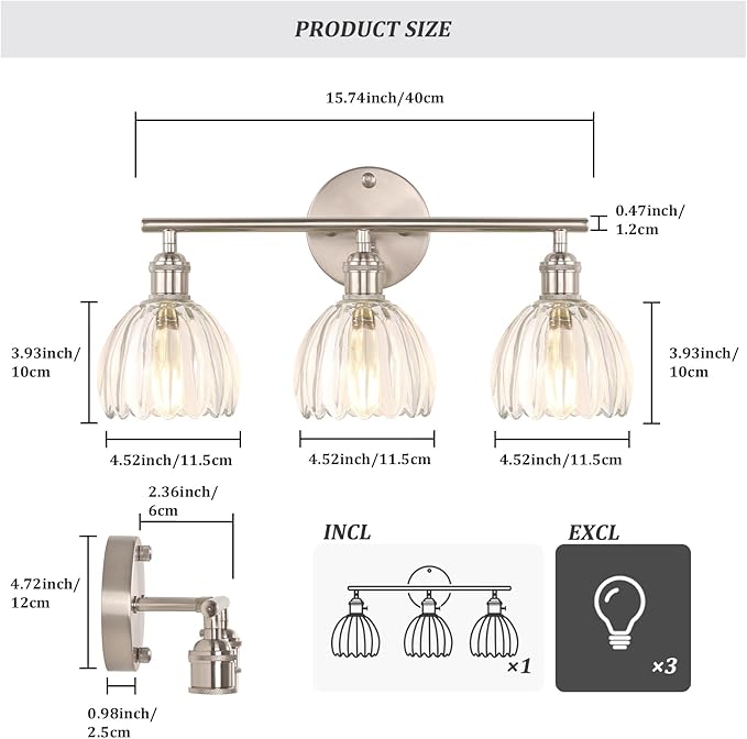 Shenmoyl Bathroom Light Fixtures, 3-Light Vanity wall Light Over Mirror with Clear Tulip Glass Shade for Bedroom Living Room (Bulb Not Included), Satin Nickel