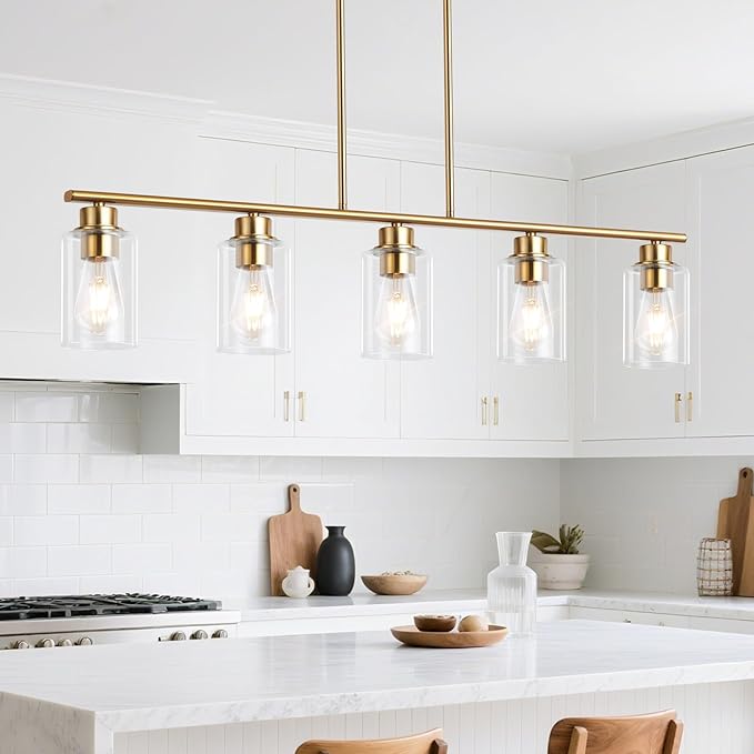 mavcadonf Kitchen Island Light, 5-Light Pendant Lighting, Farmhouse Industrial Dining Room Light Fixtures for Kitchen Island Dining Living Room, Brushed Gold with Clear Glass Shade