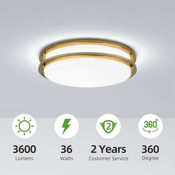 Hlite 36W 13inch LED Flush Mount Ceiling Light Fixture,3600LM 5000K Super Bright Natural Daylight,Low Profile LED Ceiling Light Flush Mount for Bedroom,Kitchen,Bathroom,Hallway(Gold 1Pack)