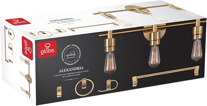 Globe Electric 51563 5-Piece Bathroom Accessory Set with 3-Light Vanity Fixture, Matte Brass Finish, Open Socket Design, Towel Bar, Towel Ring, Robe Hook, Toilet Paper Holder