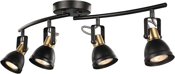 4 Light Track Lighting Kit, Matt Black Brass Finish 4 Way Adjustable with Moden Flush Mount Ceiling Spotlight for Kitchen,Dining,Living Room,Home Improvement