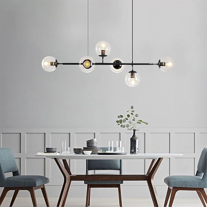 BOKT 6-Light Clear Glass Globe Pendant Light Mid Century Modern Rectangular Sputnik Chandelier Vintage Black Linear Kitchen Island Dining Pendant Lighting Fixture