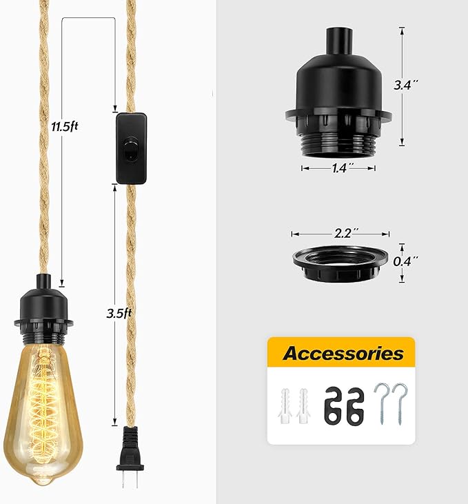 LYOOWNG 2Pack Plug in Pendant Light Cord, Farmhouse Hanging Lights with Plug in Cord, 15FT Hemp Rope Plugin Hanging Light Cord Kit with On/Off Switch, E26 E27 LightSocketCord