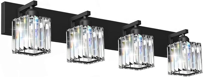 Black Crystal Bathroom Vanity Light, 4-Light Modern Bathroom Lighting Fixtures Over Mirror, Matte Black Wall Sconce Light Fixtures with Square Shade