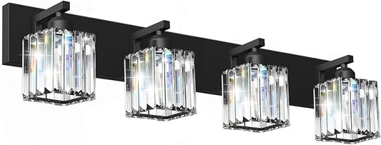 Black Crystal Bathroom Vanity Light, 4-Light Modern Bathroom Lighting Fixtures Over Mirror, Matte Black Wall Sconce Light Fixtures with Square Shade