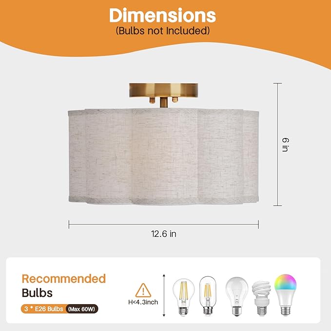 3-Light Flush Mount Ceiling Light,12.6inch Drum Ceiling Light Fixture,Entryway Light Fixtures Ceiling Mount with Linen Fabric Shade, Flush Mount Light Fixture for Bedroom, Living Room