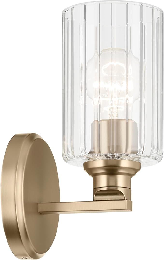 Kichler Gioe 5" 1-Light Wall Sconce Bathroom Vanity Light with Clear Fluted Glass in Champagne Bronze, Damp Rated for Powder Room, Kitchen, Hallway, Bedroom (5" W x 9.5" H), 55224CPZFLU