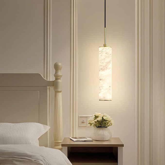 LMQNINE Natural Alabaster Pendant Lights for Kitchen Island White Marble Long Tube Chandelier 4000K Modern Gold Ceiling Light Fixtures for Bedroom Dining Room Table Living Room Hallway(S-3Pack)
