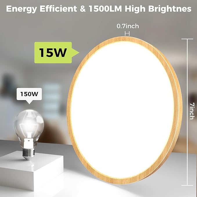 hepside 2Pack LED Flush Mount Ceiling Light Fixture, 7Inch 15W, Dimmable&3000K/3500K/4000K/5000K/6500K Adjustable Low Profile Ceiling Lights, Round Flat Ceiling Light for Closet,Kitchen,Hallway-Wood
