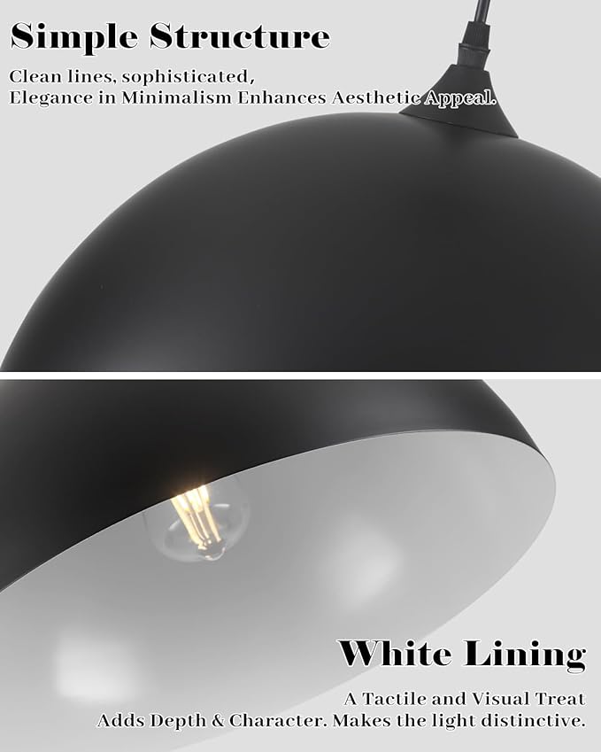 Large Dome Pendant Lights Kitchen Island, 16 Inch Black and White Dome Pendant Light, Black Farmhouse Pendant Light, Large Black Pendant Lights for Kitchen Island 1 Pack