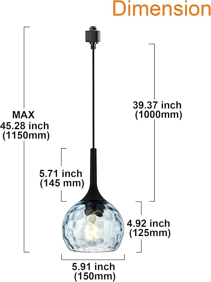 VINLUZ 3 Pack Pendant Light with Blue Round Ribbed Glass Shade, H-Type Track Lighting Fixture Farmhouse Chandelier for Dining Room in Black Finish