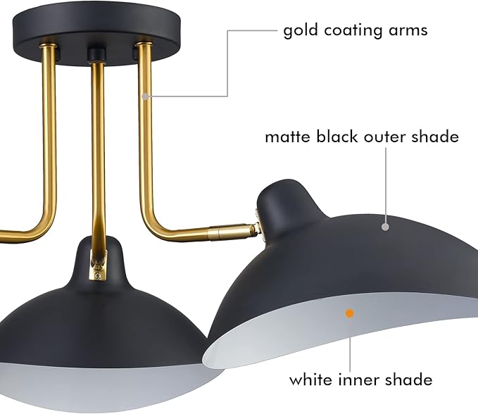 YUBOLE Ceiling Light Semi-Flush Mount, 3-Light Matte Black Multi-Directional Spot Light, Adjustable Rotating Ceiling Lamp for Bedroom, Dining Room, Kitchen, Entryway