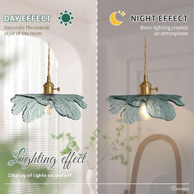 Gold Pendant Light Set of 2, Modern Hanging Ceiling Fixture with Dark Green Hand Blown Flower Glass Shade for Kitchen Island Dining Room Bedroom