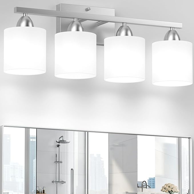 Bathroom Lighting Fixtures Over Mirror, Anti-Rust Vanity Light Fixture for Bathroom, Modern 4-Light Wall Sconce Light for Living Room, E26 Base, Milky White Glass Shades, Bulbs Not Included