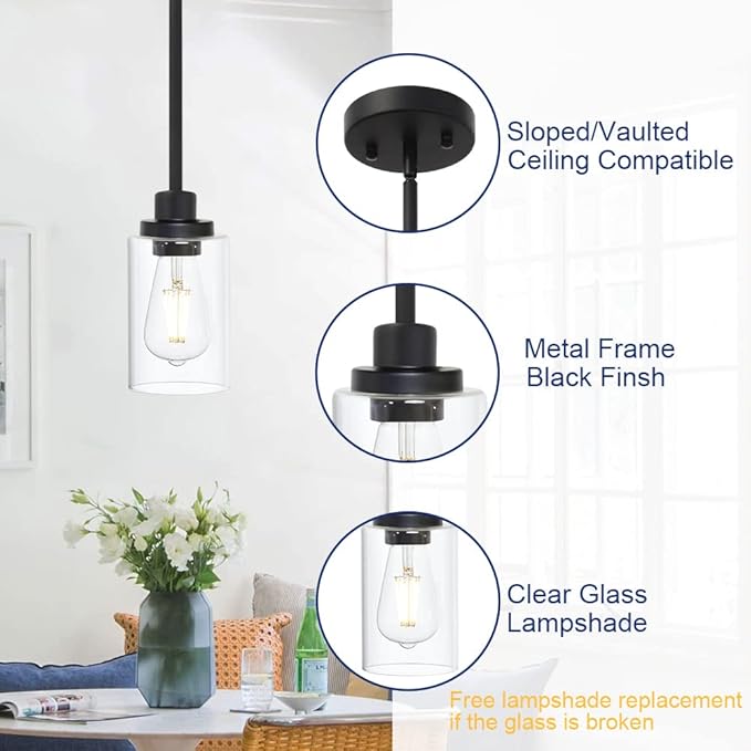 TODOLUZ Black Industrial Pendant Light Fixtures, Kitchen Hanging Lighting with Clear Glass Cylinder Shade for Farmhouse Dining Room Coffee Bar Bedroom