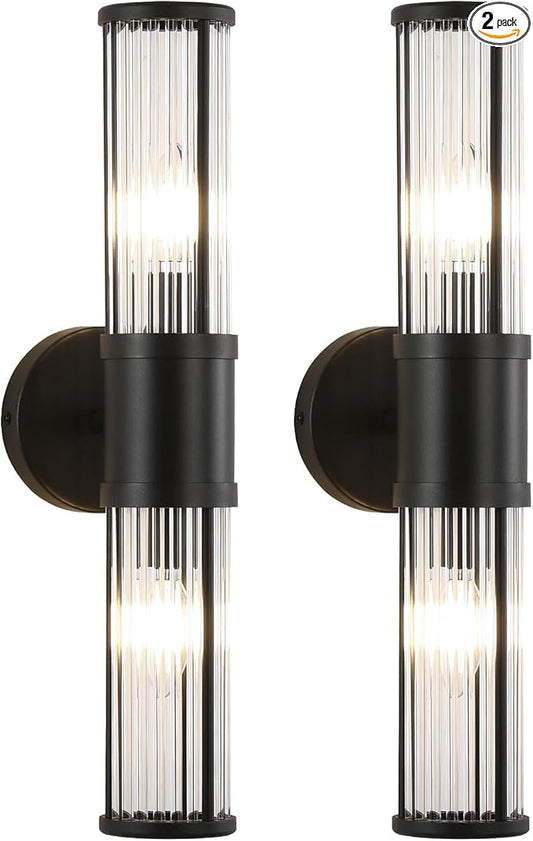 Wall Sconces Set of 2, Farmhouse Vanity Lights Fixtures for Bathroom, 2-Light Modern Bath Wall Mount Lamp with Glass Rods Shade for Hallway, Living Room, Mirror, Kitchen