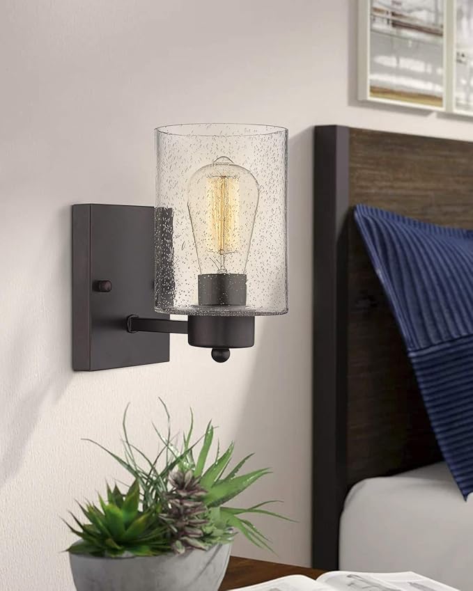 Beionxii Wall Light Fixture | 2 Pack Interior Wall Sconce in Oil Rubbed Bronze with Clear Seeded Glass (8.5" H x 4.7" W) - MB9002 Series