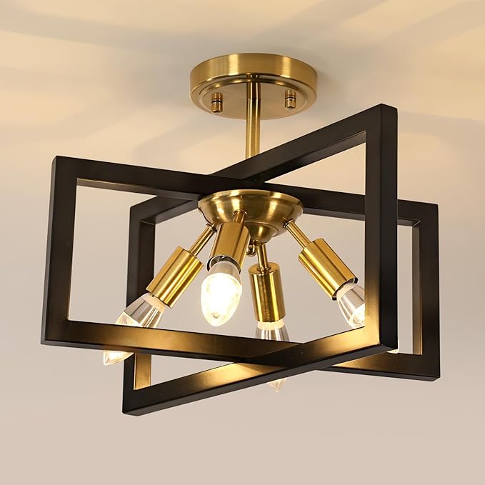 DELIPOP 4-Light Flush Mount Ceiling Light, Farmhouse Gold Square Metal Frame Light Fixtures Ceiling Chandelier for Kitchen, Dining Room, Entryway, Hallway, Island