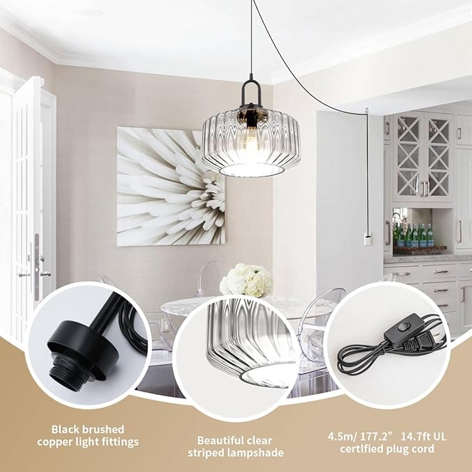 Hanging Pendant Light Plug in Plug in Pendant Lamp Globe Hanging Lights with Plug in Cord for Bedroom Mid Century Modern Ceiling Light fixtures Clear Striped Glass Swag Lights Kitchen