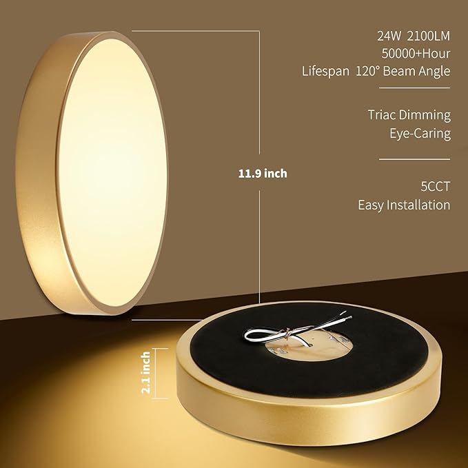 Flush Mount Ceiling Light Gold 12 Inch LED Dimmable Ceiling Light 24W 5CCT(2700K-5000K) Bedroom Lamp Entryway for Bedroom Foyer Kitchen Entryway Closet Hallway
