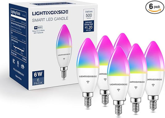 Lightinginside E12 Smart Light Bulbs 60W Equiv., Work with Alexa/Google Home/SmartLife, 500LM 6W RGBCW Candle Candelabra LED Light Bulbs, No Hub Required, 2.4G WiFi Bluetooth Bulb, ETL Listed, 6PCS