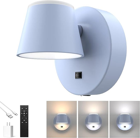 URSOLA Battery Operated Wall Sconce with Remote, LED Rechargeable Battery Wall Light with 9000mAh 3CCT and Dimmable Magnetic 360° Rotation Cordless Light for Bedroom（Blue）