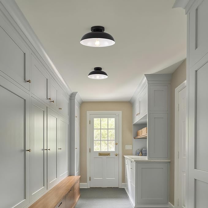 2 Pack Industrial Ceiling Light, Black Flush Mount Ceiling Light 12 Inch Kitchen Light Fixtures for Hallway Bedroom Entryway Porch Foyer Bathroom Laundry Room