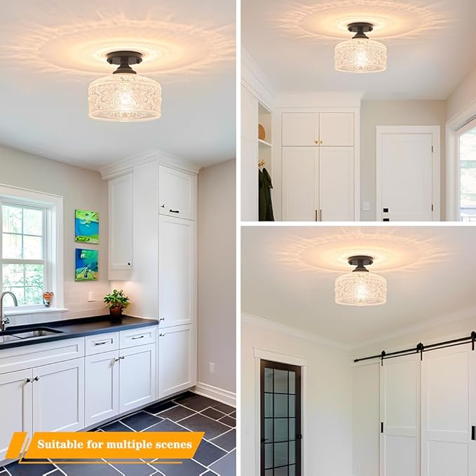 Small Semi Flush Mount Ceiling Light Fixture, Vintage Matte Black Close to Ceiling Lighting with Etched Glass Shade for Hallway, Kitchen, Entryway (Retro Design, Easy Install)