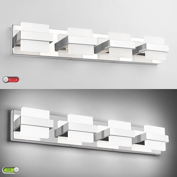 SOLFART Chrome Vanity Lights for Bathroom Above Mirror,4 Light Bathroom Light Fixtures, LED Lighting Fixture, Nickel Vanity Light,5 Color Temperature Adjustable Light Over Mirror
