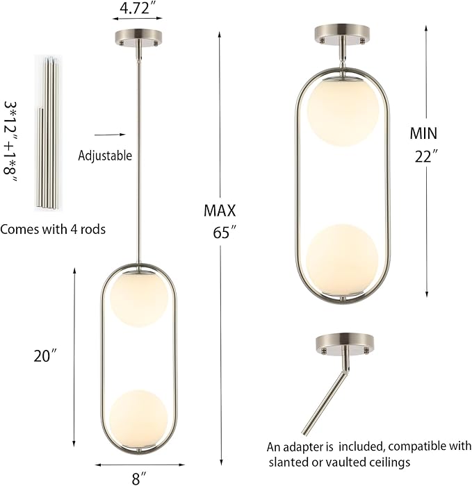 BYOLIIMA Modern Globe Pendant Light 2-Lights Brushed Nickel Chandelier Mid Century Ceiling Hanging Lighting Fixture White Globe Glass Shades for Kitchen Island Dining Room Bedroom