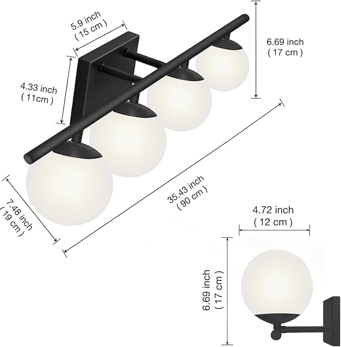 New Bathroom Vanity Light Fixtures Matte Black Milk White Globe Glass Shade 4 Lights Modern Wall Bar Sconce Over Mirror(4 lights-35.43inch)