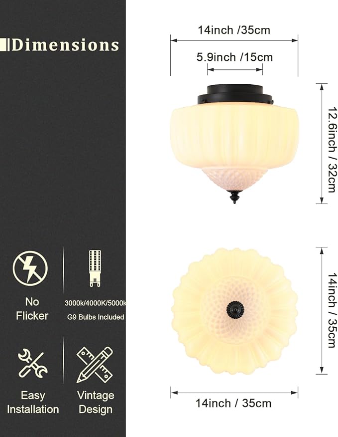 14 Inch Milk White Glass Ceiling Light,Mid Century Modern Ceiling Light Fixture,Schoolhouse for Bedroom,Kitchen，Dining Room,Hallway