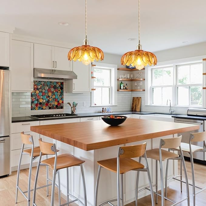Plug in Pendant Light with Amber Glass Lamp Shade Brass Vintage Hanging Light Fixture Adjustable Chandelier for Kitchen Island Dining Room Bedroom Living Room Hallway