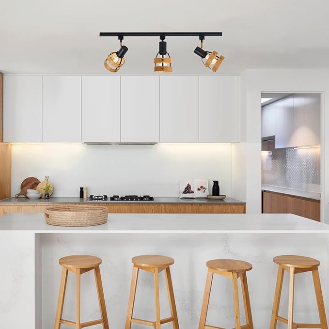 Adjustable Modern H-Type Track Lighting Heads, Farmhouse 3-Pack Real Pecan Wood and Brass Accent, Retail Display, Gallery Walls, E26 Base