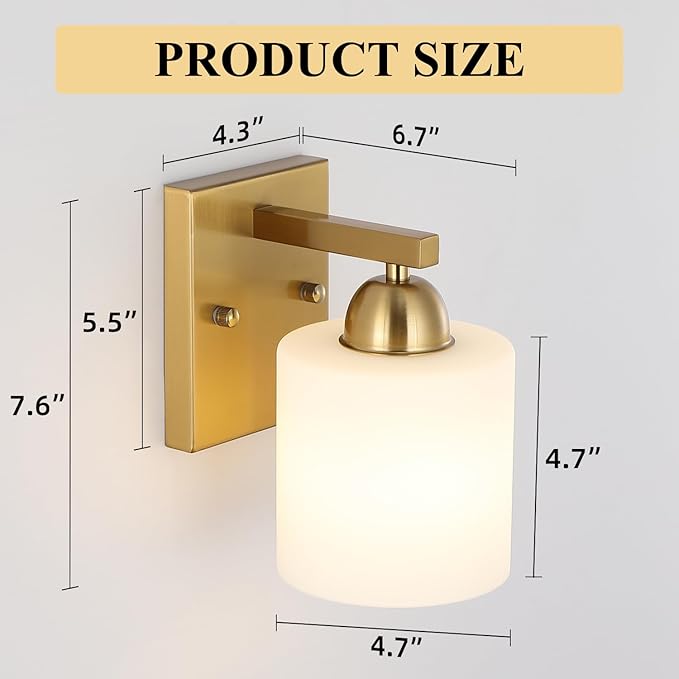Mecgirn Gold Milk Glass Wall Sconces, 1 Pack Hardwired Indoor Wall Light Fixtures for Living Room, Hallway, Bedroom, Ceramic E26 Sockets (Bulbs Not Included)