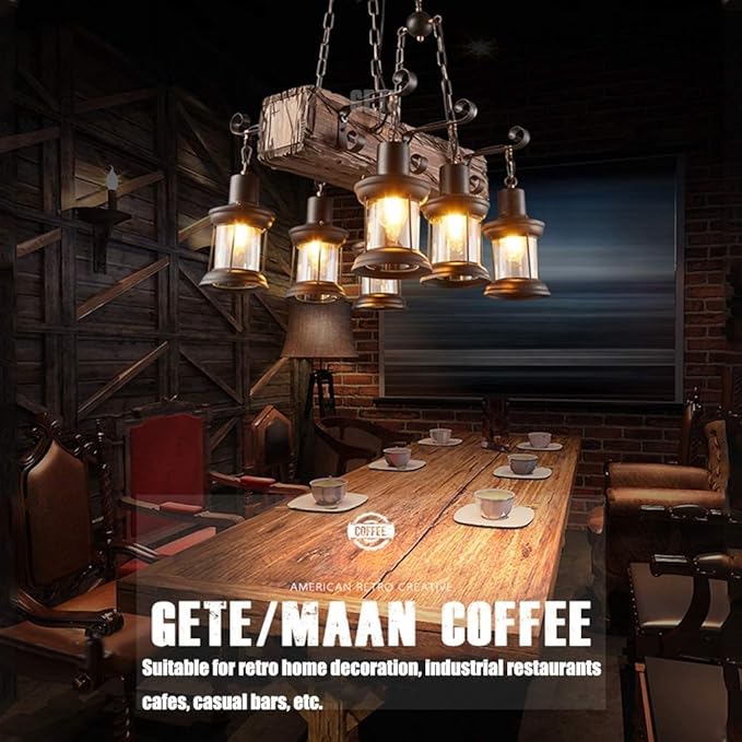 Farmhouse Lighting Industrial Rustic Wood Beam Linear Island Pendant Light Chandelier Lighting Hanging Ceiling Fixture 6-Light