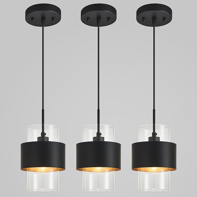Modern Black Pendant Lighting Indoor Kitchen Island Pendant Light Glass Shade Ceiling Light Fixtures for Bedroom Dining Room Living Room(3-Pack)
