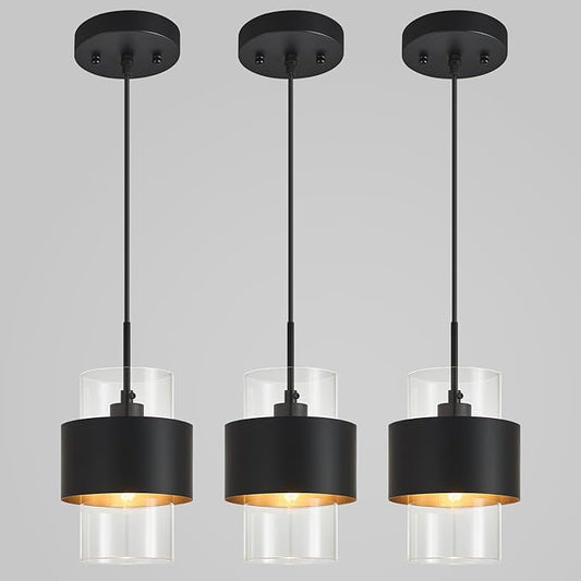 Modern Black Pendant Lighting Indoor Kitchen Island Pendant Light Glass Shade Ceiling Light Fixtures for Bedroom Dining Room Living Room(3-Pack)