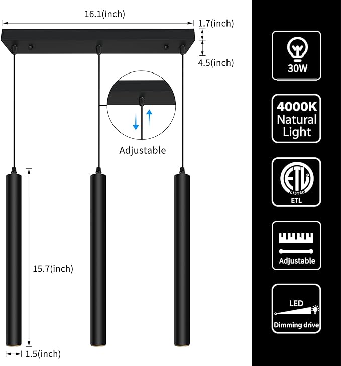 OKELI Modern 3-Light Pendant Light Fixtures Square Pendant Lights Kitchen Island LED Minimalist Pendant Lighting Fixture for Kitchen,Dinning Room,Bedroom,Hallway,Bar