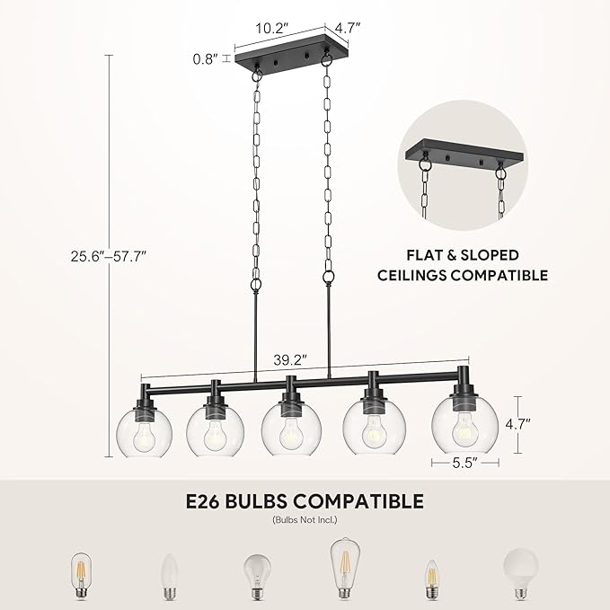 VONLUCE Dining Room Light Fixture Over Table, 5-Light Kitchen Island Lighting with Round Glass Shades & Adjustable Hanging Heights, Linear Chandlier for Dining Room Kitchen, Black, ETL Certificated