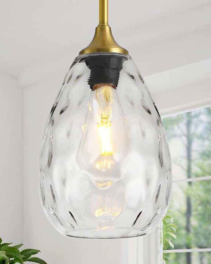 Glass Pendant Lights Kitchen Island, 6.3in Small Modern Gold Pendant Light Fixtures with Hammered Clear Glass, Hanging Lighting for Kitchen Over Sink Dining Room Bedroom